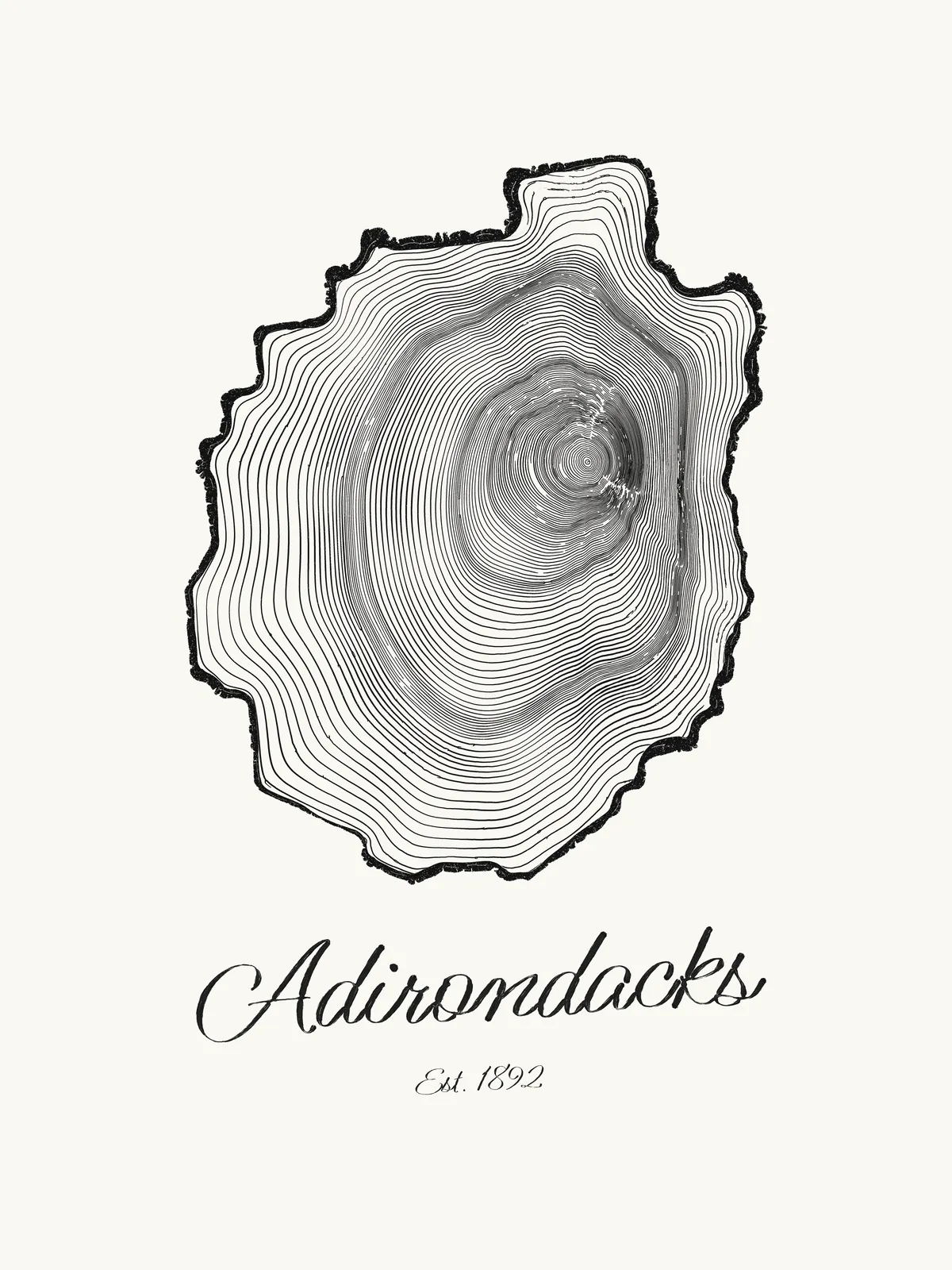 The Ring & Ridge print: the rings of an Adirondack black spruce drawn in the shape of the Adirondack Park, with Adirondacks, Est. 1892 painted below.
