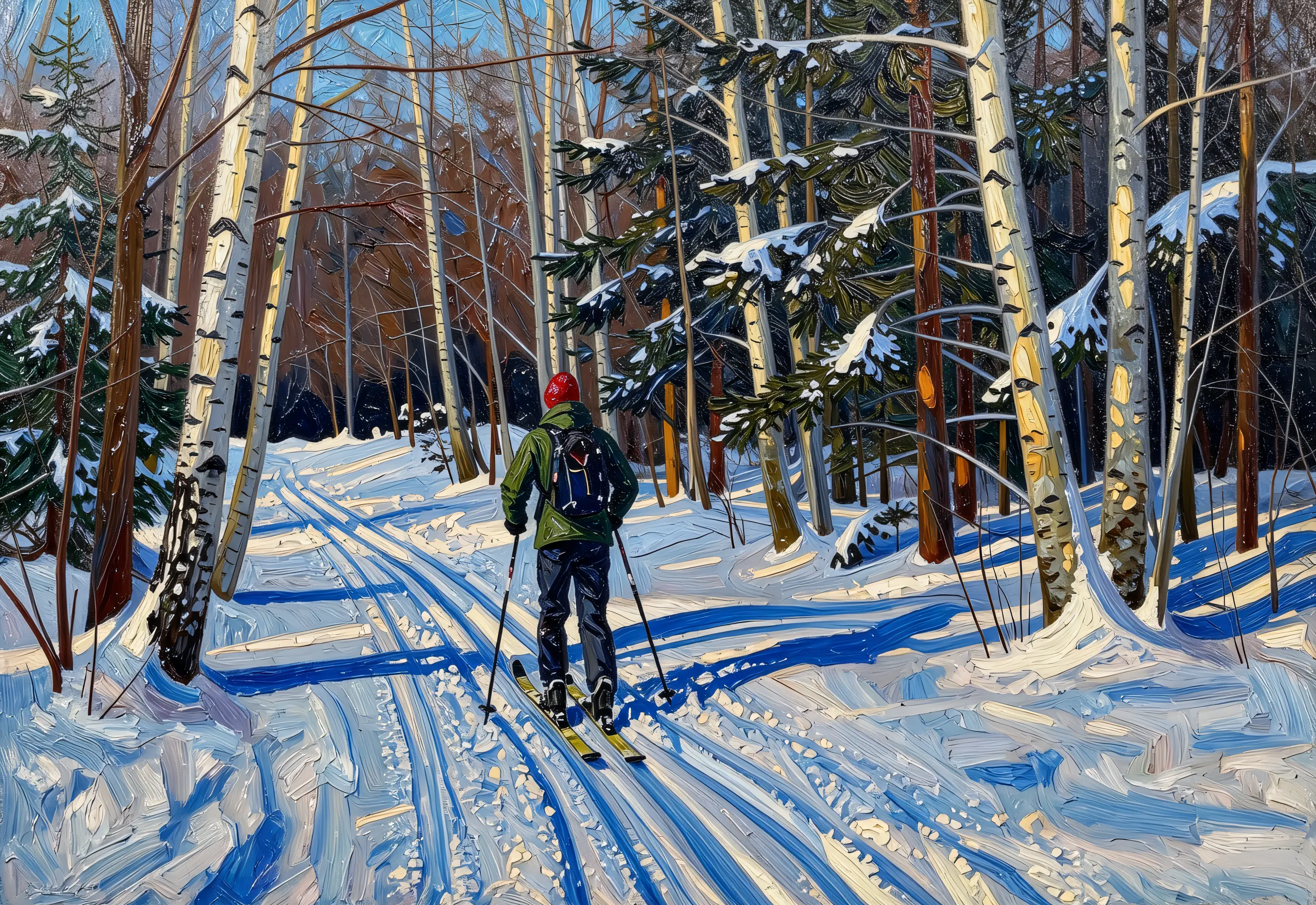 Cross-Country Skiing Through the Birches, the full artwork