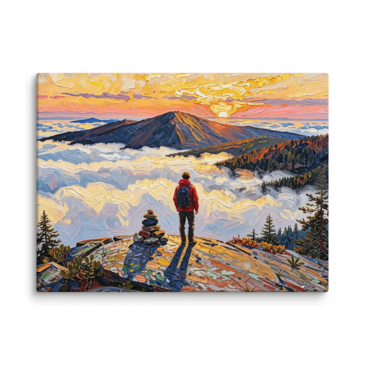 Above the Clouds as a 12 by 16 inch canvas: a hiker beside a stone cairn on a bare Adirondack summit at sunrise, looking over a sea of clouds, in bold oil-painting brushstrokes.