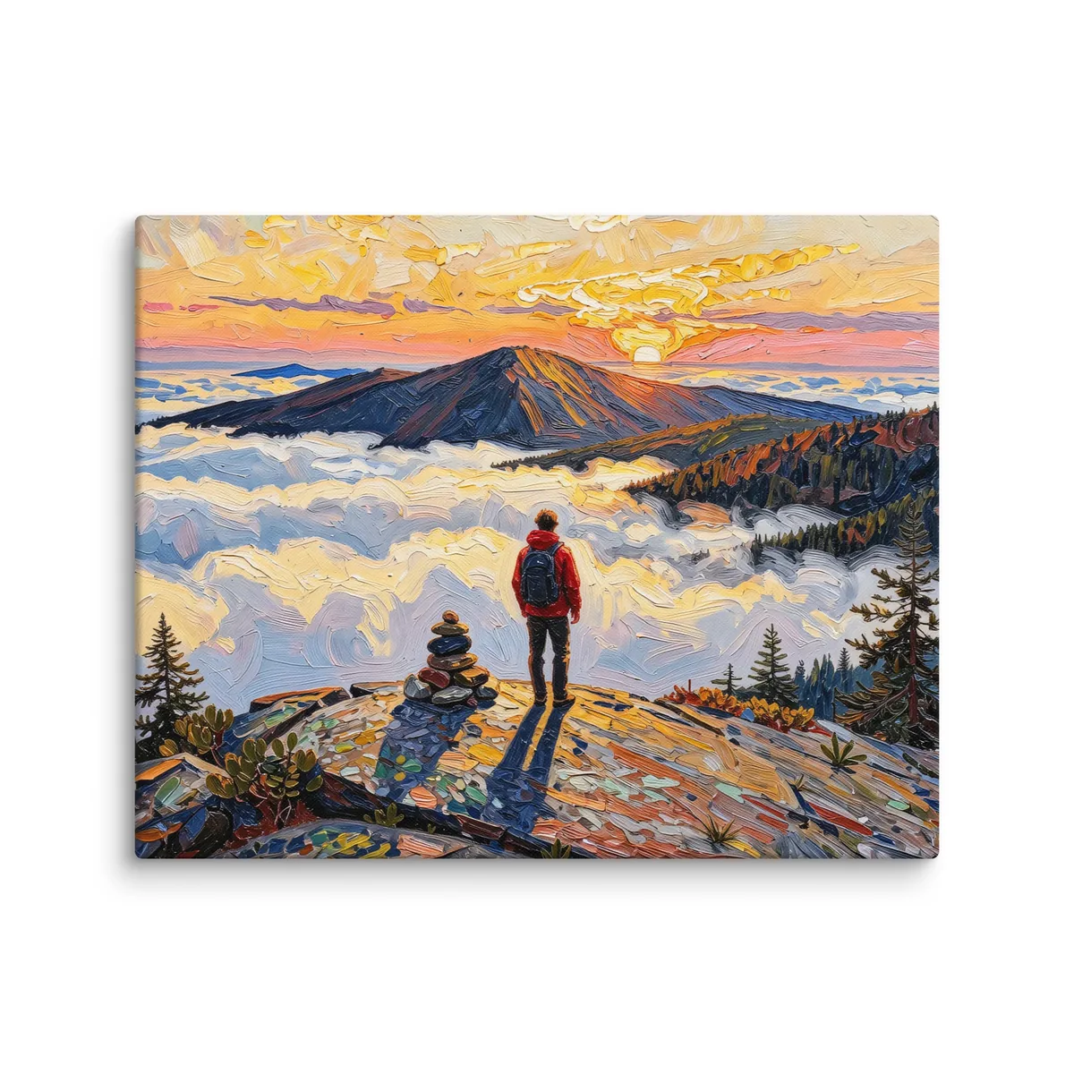Above the Clouds as a 16 by 20 inch canvas: a hiker beside a stone cairn on a bare Adirondack summit at sunrise, looking over a sea of clouds, in bold oil-painting brushstrokes.