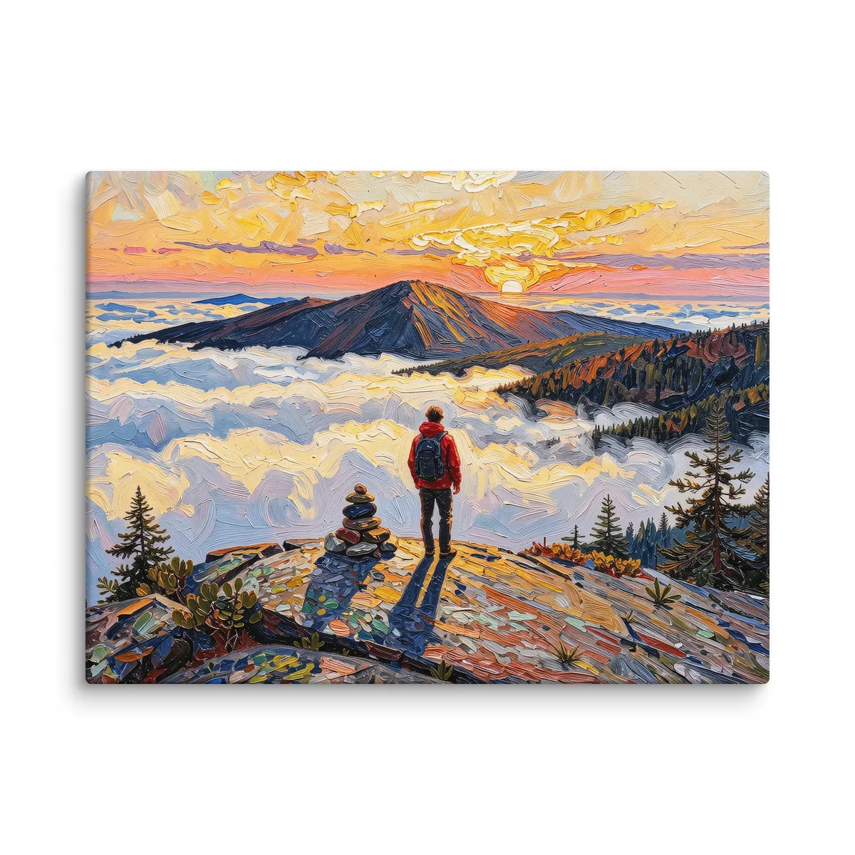 Above the Clouds as an 18 by 24 inch canvas: a hiker beside a stone cairn on a bare Adirondack summit at sunrise, looking over a sea of clouds, in bold oil-painting brushstrokes.