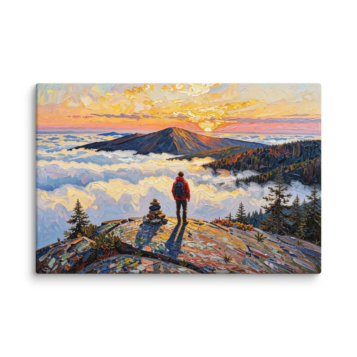 Above the Clouds as a 24 by 36 inch canvas: a hiker beside a stone cairn on a bare Adirondack summit at sunrise, looking over a sea of clouds, in bold oil-painting brushstrokes.