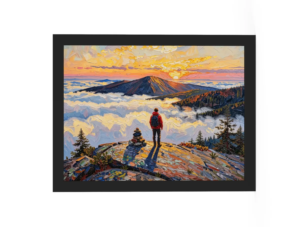 Above the Clouds as a 12 by 16 inch framed print in a black frame: a hiker beside a stone cairn on a bare Adirondack summit at sunrise, looking over a sea of clouds, in bold oil-painting brushstrokes.