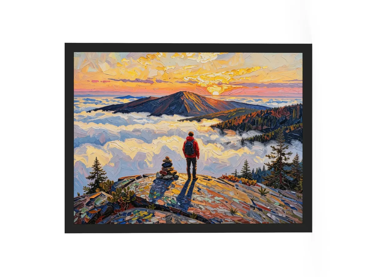 Above the Clouds as an 18 by 24 inch framed print in a black frame: a hiker beside a stone cairn on a bare Adirondack summit at sunrise, looking over a sea of clouds, in bold oil-painting brushstrokes.