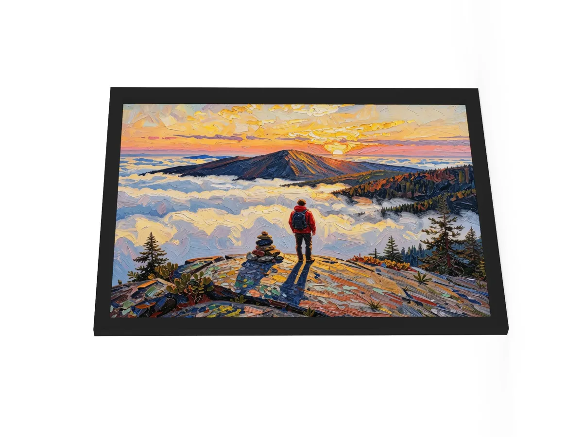 Above the Clouds as an 18 by 24 inch framed print in a black frame: a hiker beside a stone cairn on a bare Adirondack summit at sunrise, looking over a sea of clouds, in bold oil-painting brushstrokes.