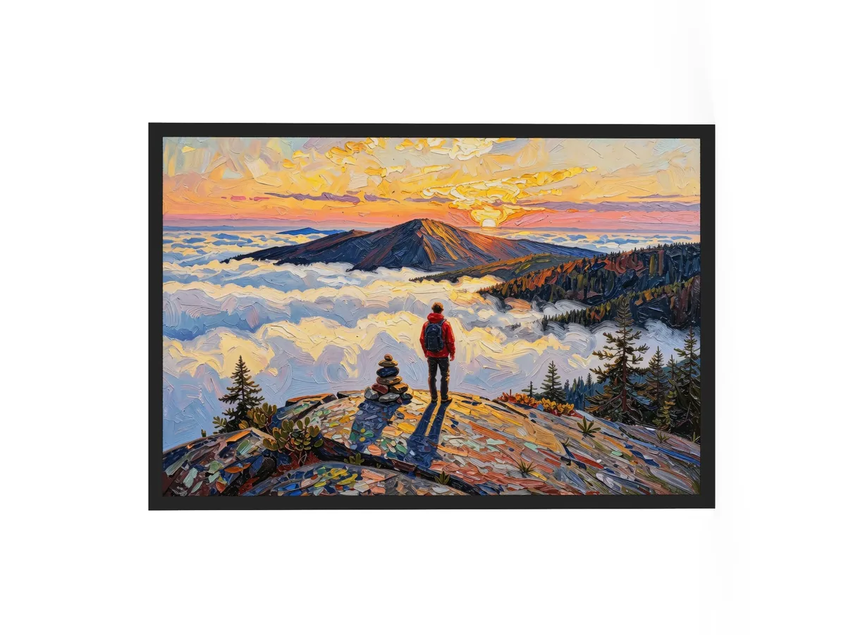 Above the Clouds as a 24 by 36 inch framed print in a black frame: a hiker beside a stone cairn on a bare Adirondack summit at sunrise, looking over a sea of clouds, in bold oil-painting brushstrokes.