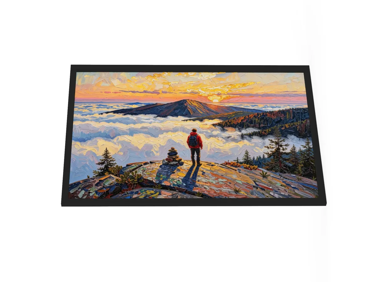 Above the Clouds as a 24 by 36 inch framed print in a black frame: a hiker beside a stone cairn on a bare Adirondack summit at sunrise, looking over a sea of clouds, in bold oil-painting brushstrokes.