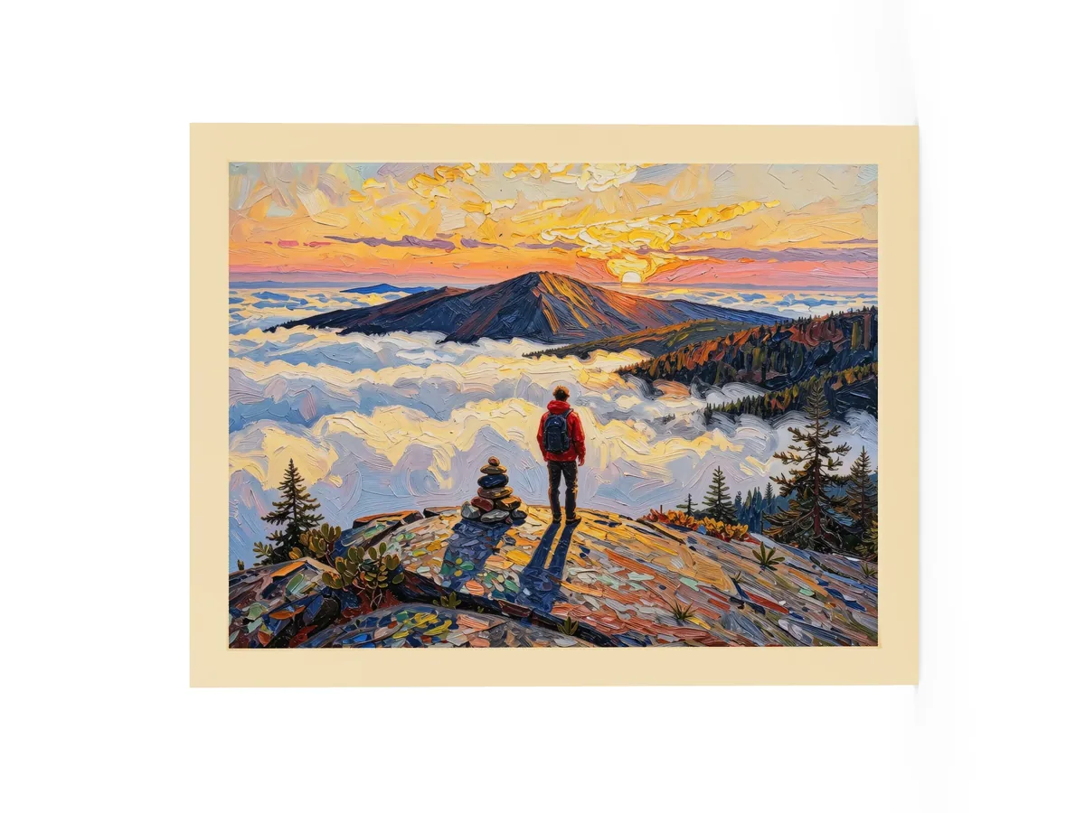 Above the Clouds as a 12 by 16 inch framed print in a natural wood frame: a hiker beside a stone cairn on a bare Adirondack summit at sunrise, looking over a sea of clouds, in bold oil-painting brushstrokes.
