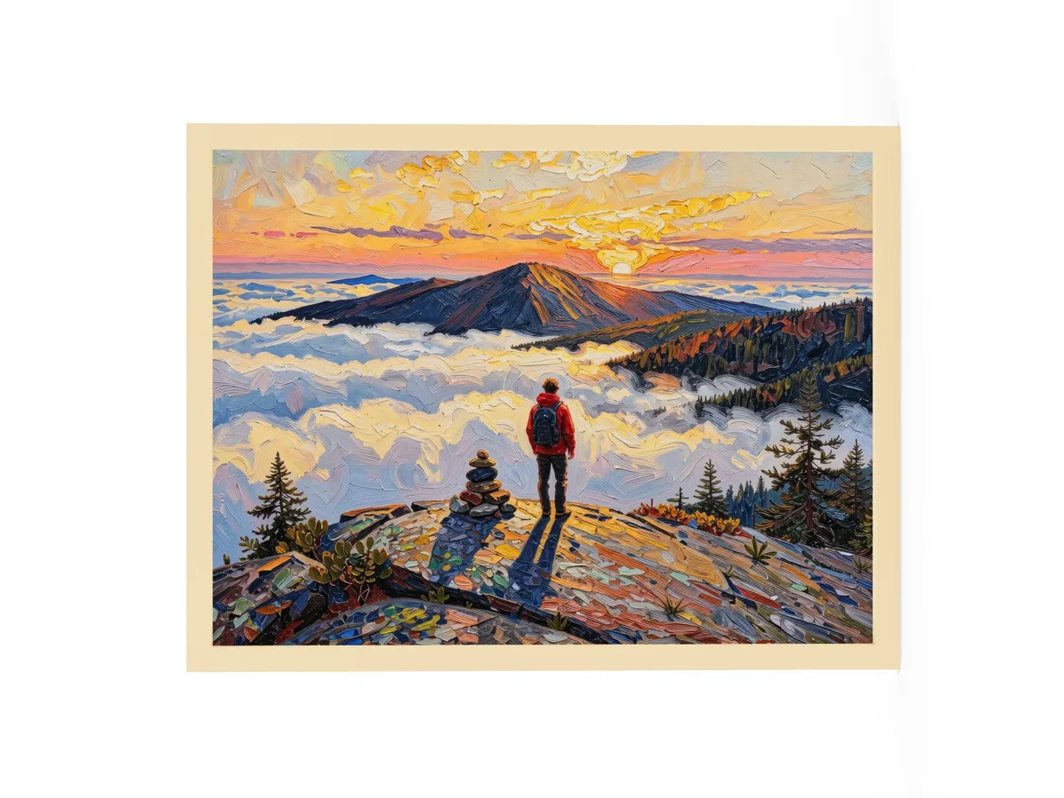 Above the Clouds as an 18 by 24 inch framed print in a natural wood frame: a hiker beside a stone cairn on a bare Adirondack summit at sunrise, looking over a sea of clouds, in bold oil-painting brushstrokes.