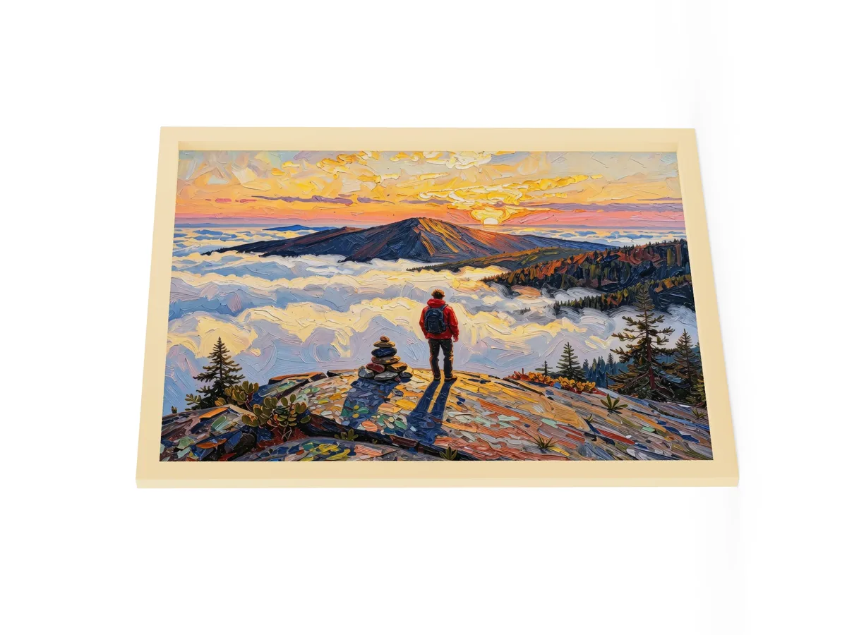 Above the Clouds as an 18 by 24 inch framed print in a natural wood frame: a hiker beside a stone cairn on a bare Adirondack summit at sunrise, looking over a sea of clouds, in bold oil-painting brushstrokes.