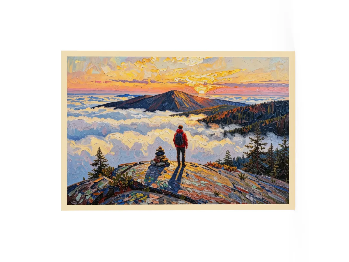 Above the Clouds as a 24 by 36 inch framed print in a natural wood frame: a hiker beside a stone cairn on a bare Adirondack summit at sunrise, looking over a sea of clouds, in bold oil-painting brushstrokes.