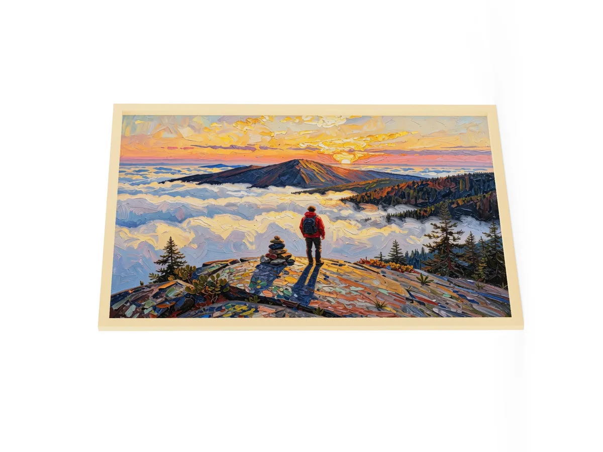 Above the Clouds as a 24 by 36 inch framed print in a natural wood frame: a hiker beside a stone cairn on a bare Adirondack summit at sunrise, looking over a sea of clouds, in bold oil-painting brushstrokes.