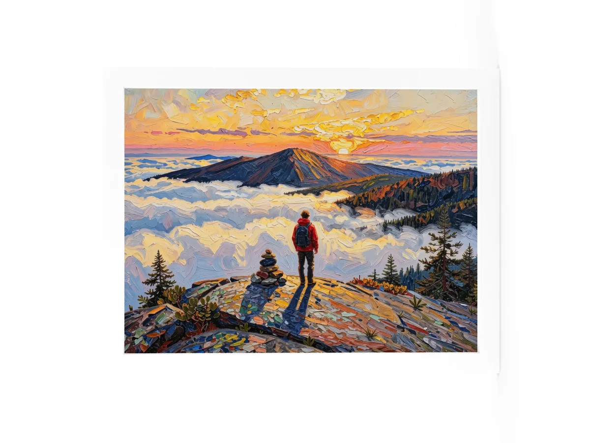 Above the Clouds as a 12 by 16 inch framed print in a white frame: a hiker beside a stone cairn on a bare Adirondack summit at sunrise, looking over a sea of clouds, in bold oil-painting brushstrokes.