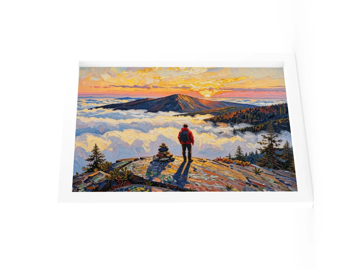 Above the Clouds as a 12 by 16 inch framed print in a white frame: a hiker beside a stone cairn on a bare Adirondack summit at sunrise, looking over a sea of clouds, in bold oil-painting brushstrokes.