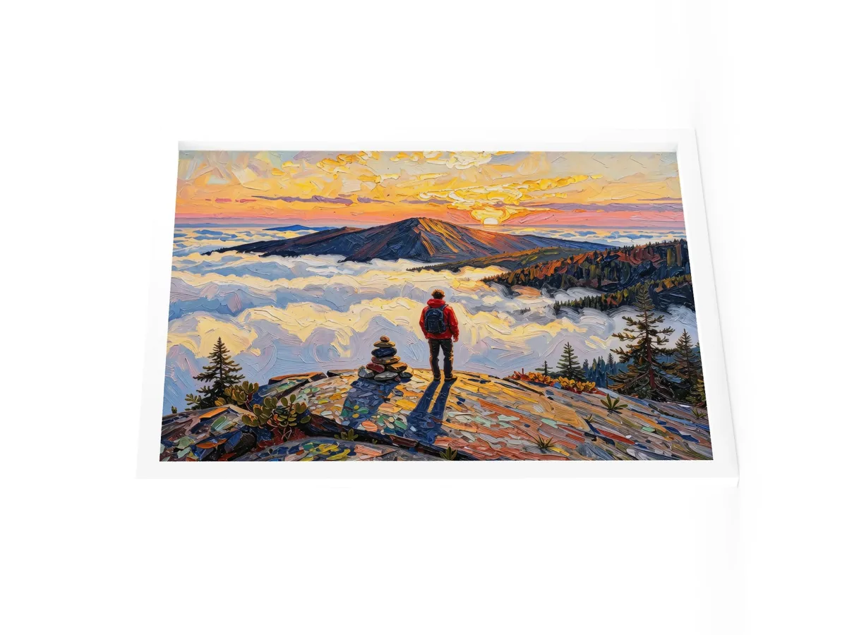 Above the Clouds as an 18 by 24 inch framed print in a white frame: a hiker beside a stone cairn on a bare Adirondack summit at sunrise, looking over a sea of clouds, in bold oil-painting brushstrokes.