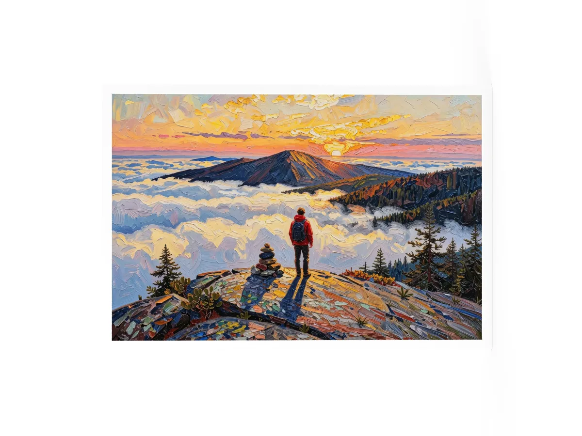 Above the Clouds as a 24 by 36 inch framed print in a white frame: a hiker beside a stone cairn on a bare Adirondack summit at sunrise, looking over a sea of clouds, in bold oil-painting brushstrokes.