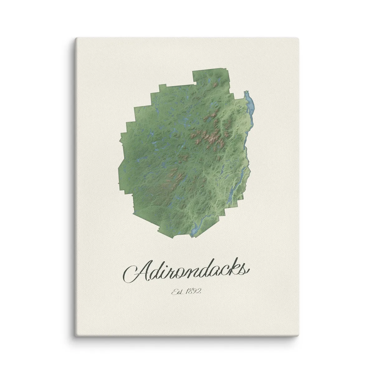 Adirondack Park Map as a 12 by 16 inch canvas: a painted-style map of the Adirondack Park with its lakes, rivers and High Peaks in green on cream paper, with Adirondacks, Est. 1892 in dark green script below.