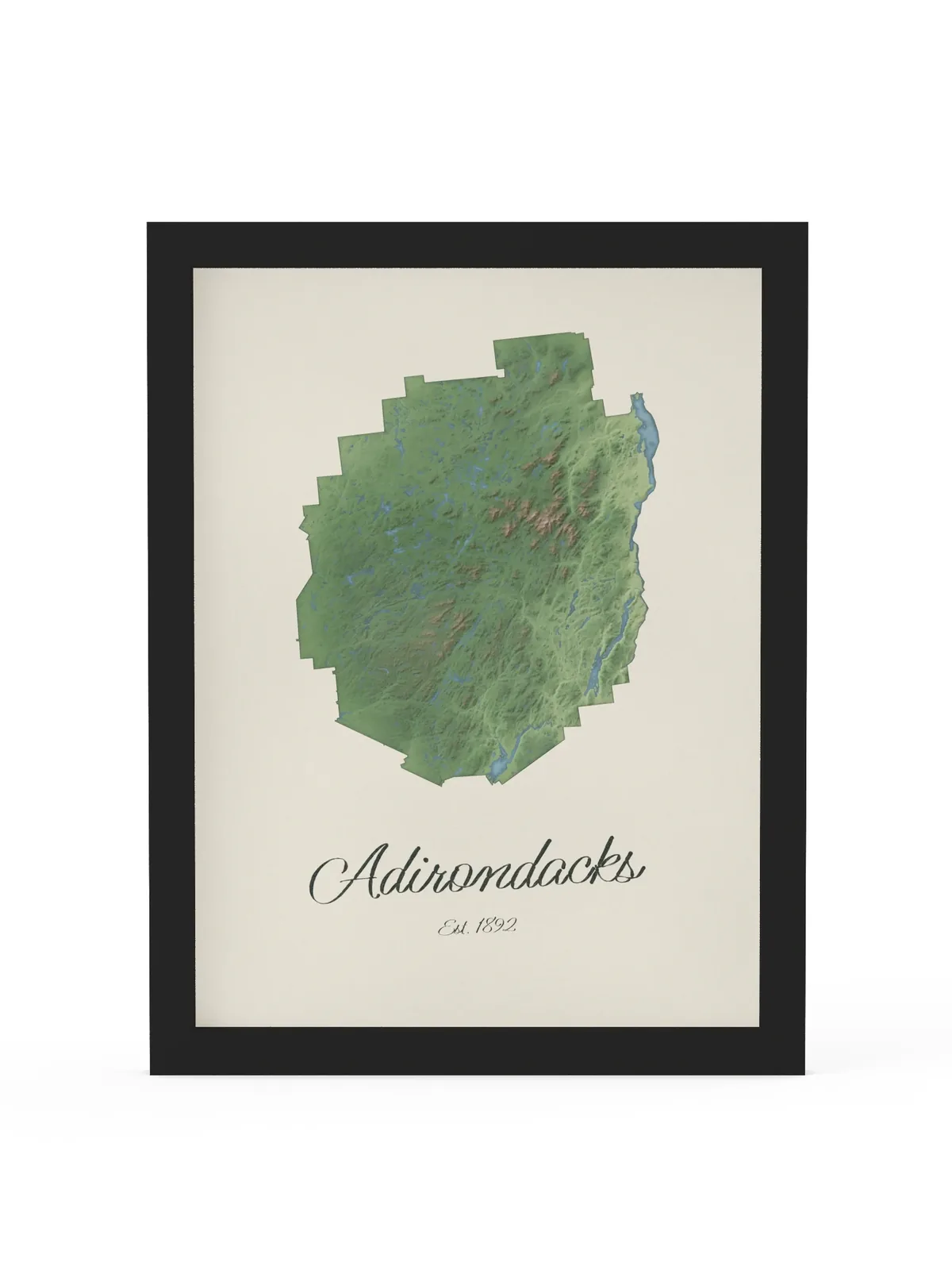 Adirondack Park Map as a 12 by 16 inch framed print in a black frame: a painted-style map of the Adirondack Park with its lakes, rivers and High Peaks in green on cream paper, with Adirondacks, Est. 1892 in dark green script below.