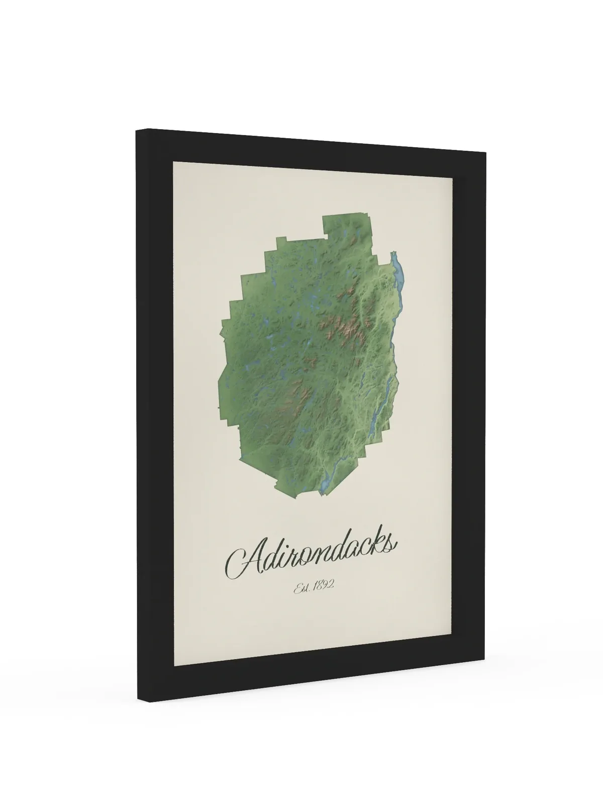 Adirondack Park Map as a 12 by 16 inch framed print in a black frame: a painted-style map of the Adirondack Park with its lakes, rivers and High Peaks in green on cream paper, with Adirondacks, Est. 1892 in dark green script below.