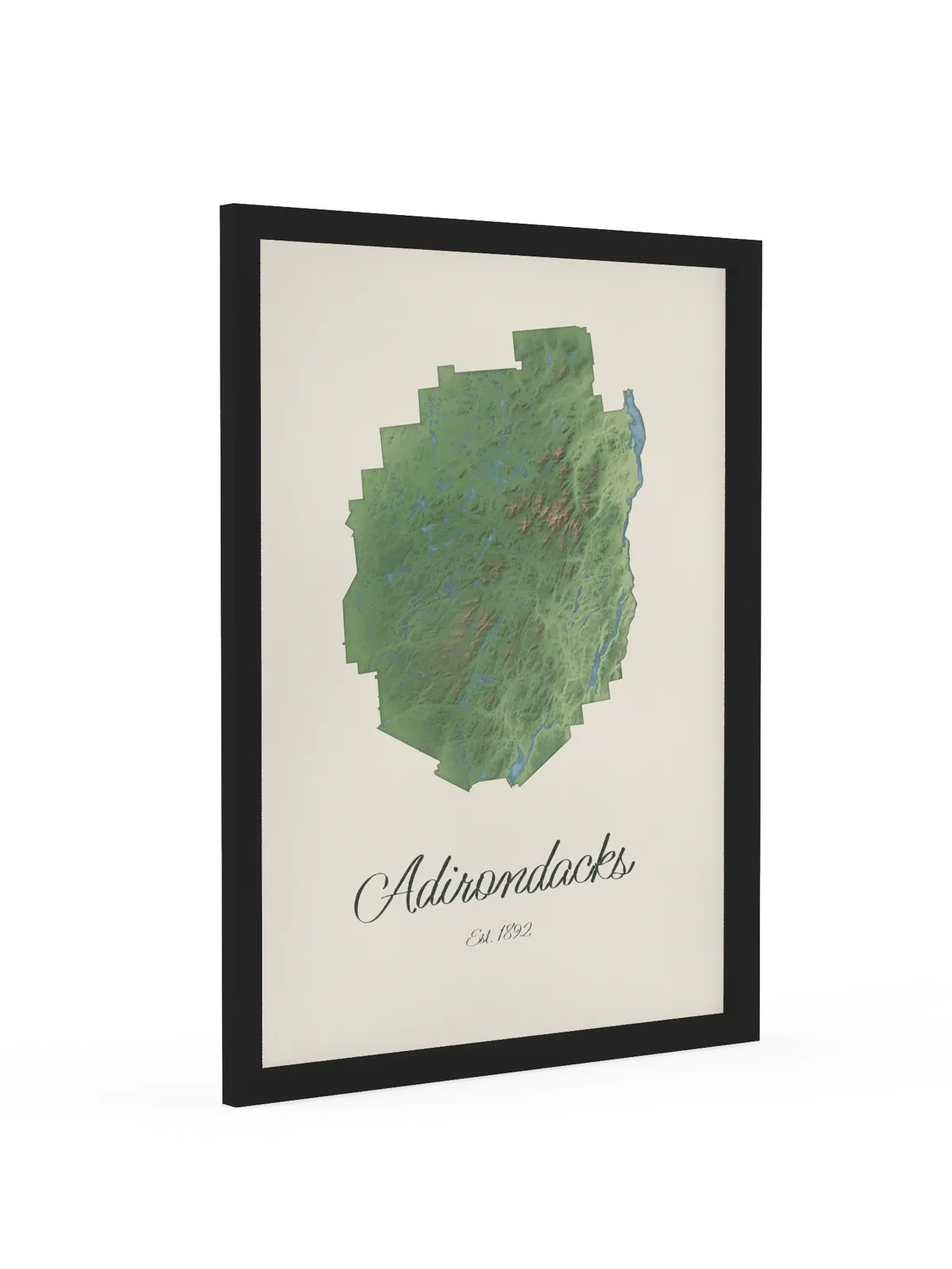 Adirondack Park Map as an 18 by 24 inch framed print in a black frame: a painted-style map of the Adirondack Park with its lakes, rivers and High Peaks in green on cream paper, with Adirondacks, Est. 1892 in dark green script below.