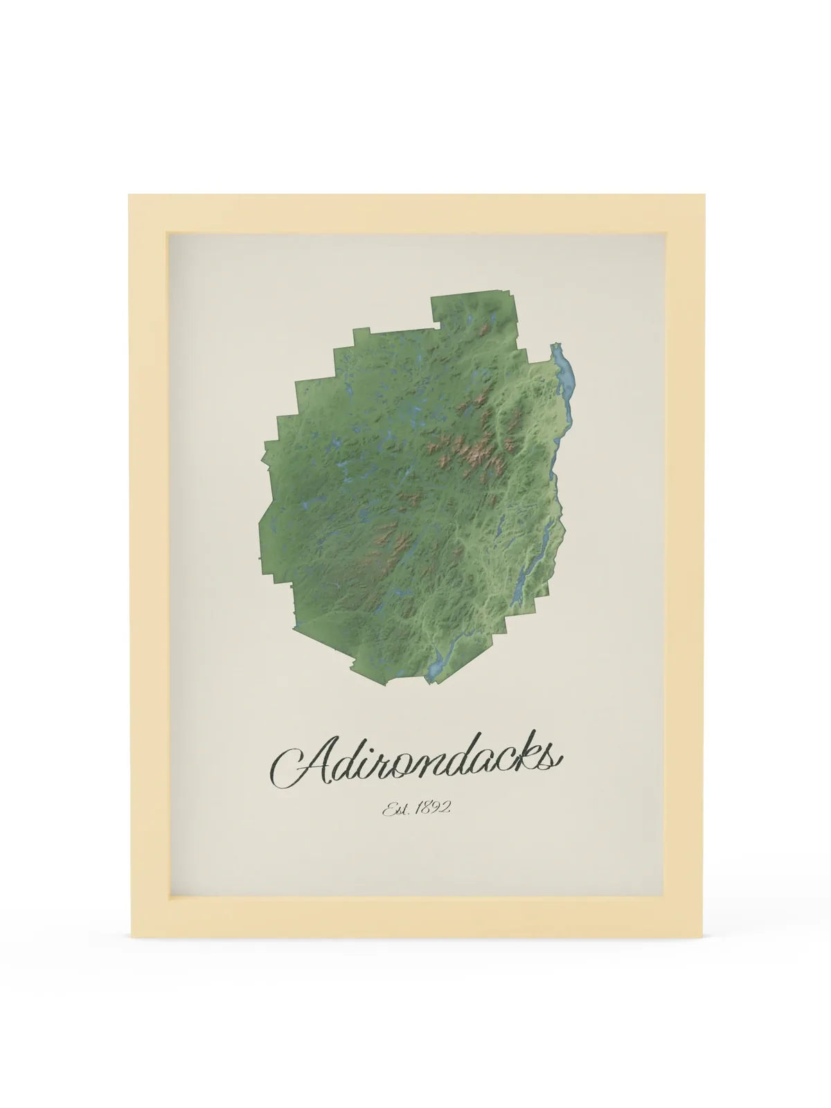 Adirondack Park Map as a 12 by 16 inch framed print in a natural wood frame: a painted-style map of the Adirondack Park with its lakes, rivers and High Peaks in green on cream paper, with Adirondacks, Est. 1892 in dark green script below.