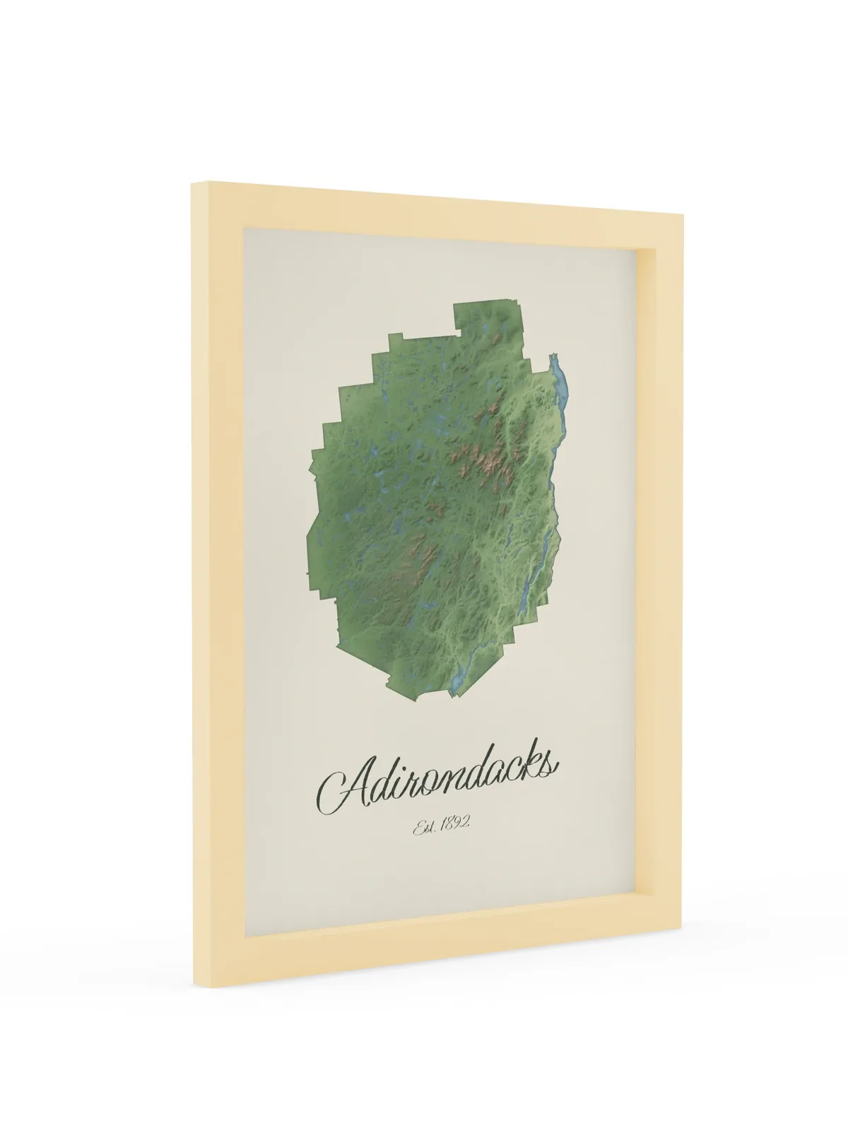 Adirondack Park Map as a 12 by 16 inch framed print in a natural wood frame: a painted-style map of the Adirondack Park with its lakes, rivers and High Peaks in green on cream paper, with Adirondacks, Est. 1892 in dark green script below.