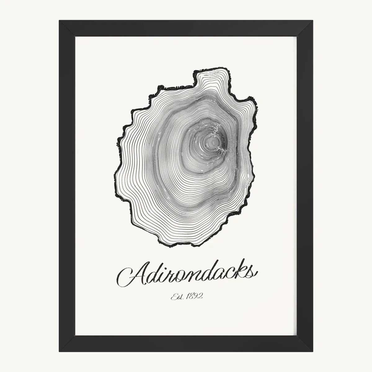 Adirondack Park Tree Ring Framed Print in Black: the Ring & Ridge tree rings in the shape of the Adirondack Park.