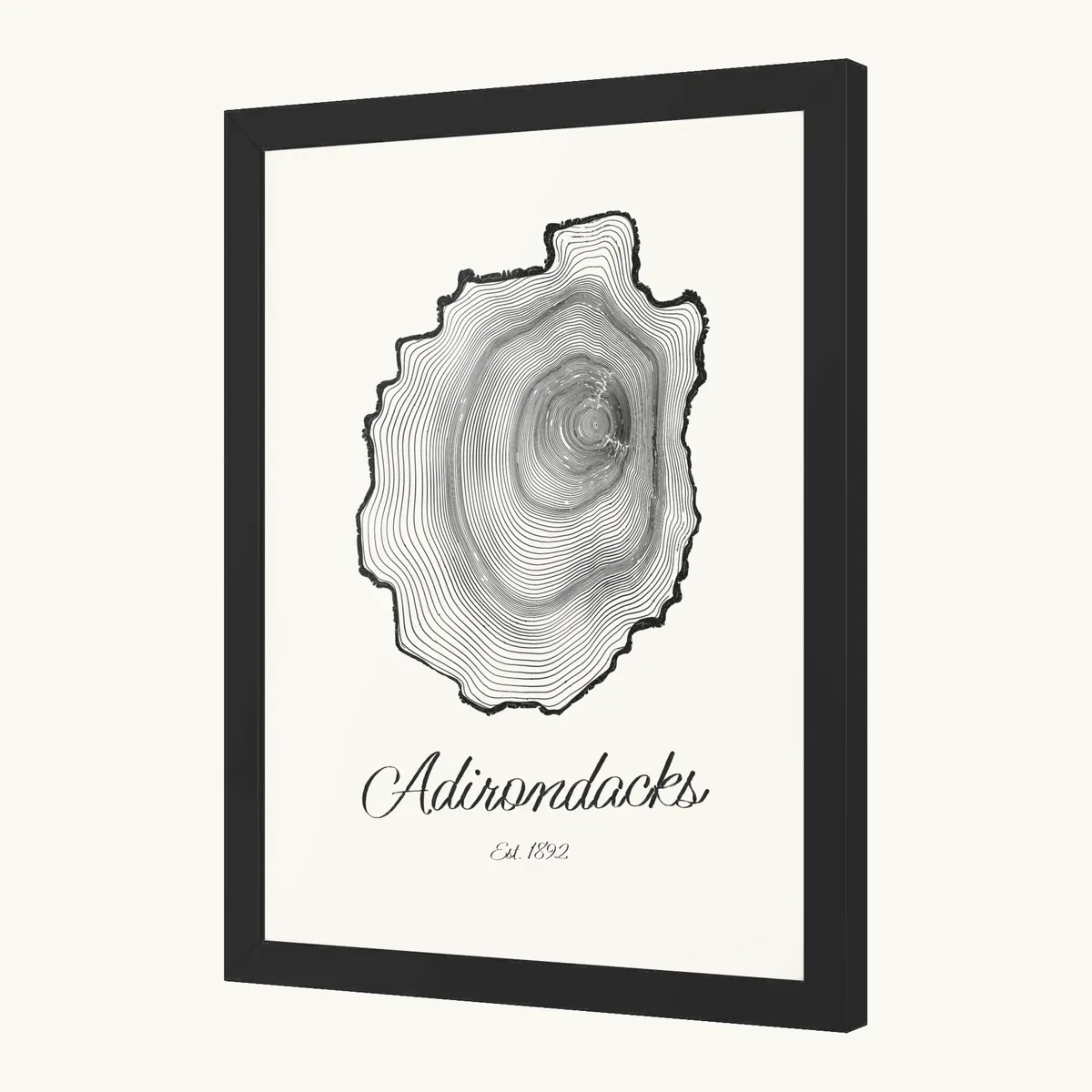 Adirondack Park Tree Ring Framed Print in Black: the Ring & Ridge tree rings in the shape of the Adirondack Park.