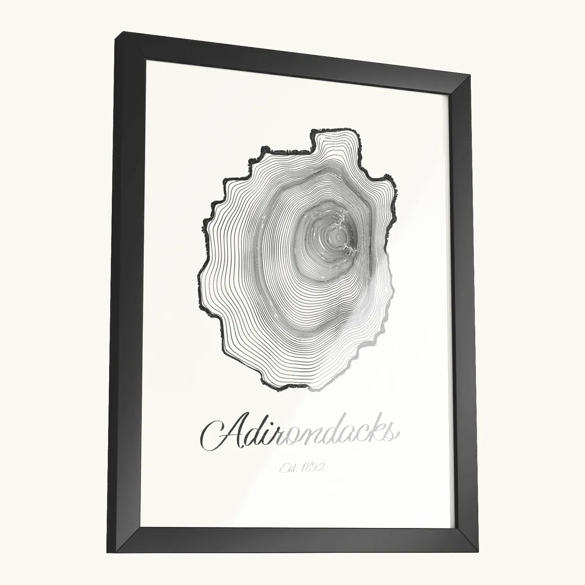 Adirondack Park Tree Ring Framed Print in Black: the Ring & Ridge tree rings in the shape of the Adirondack Park.