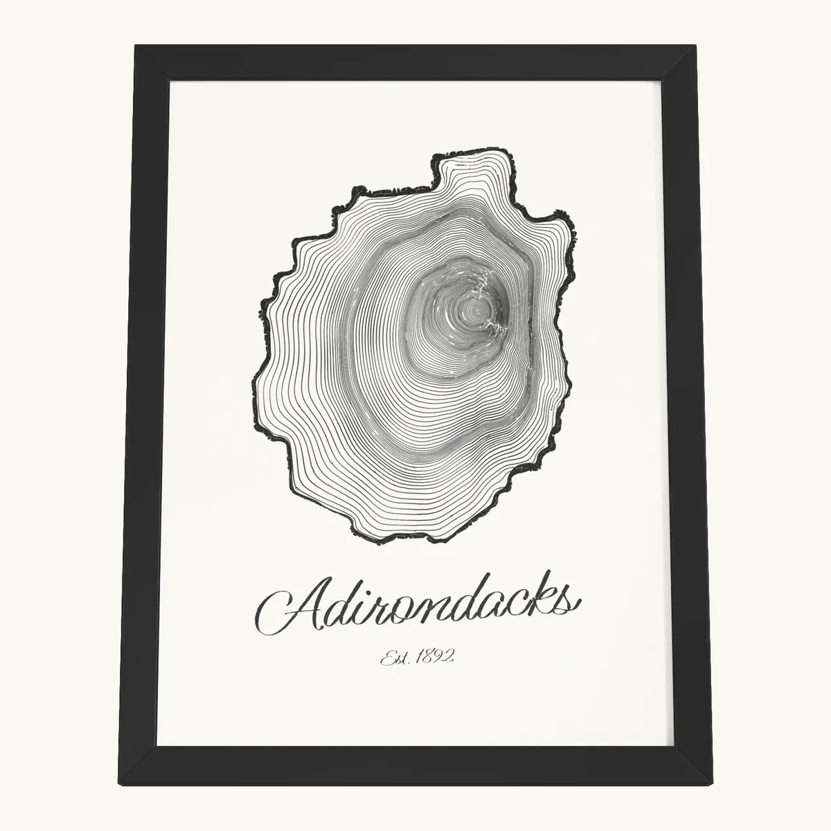 Adirondack Park Tree Ring Framed Print in Black: the Ring & Ridge tree rings in the shape of the Adirondack Park.