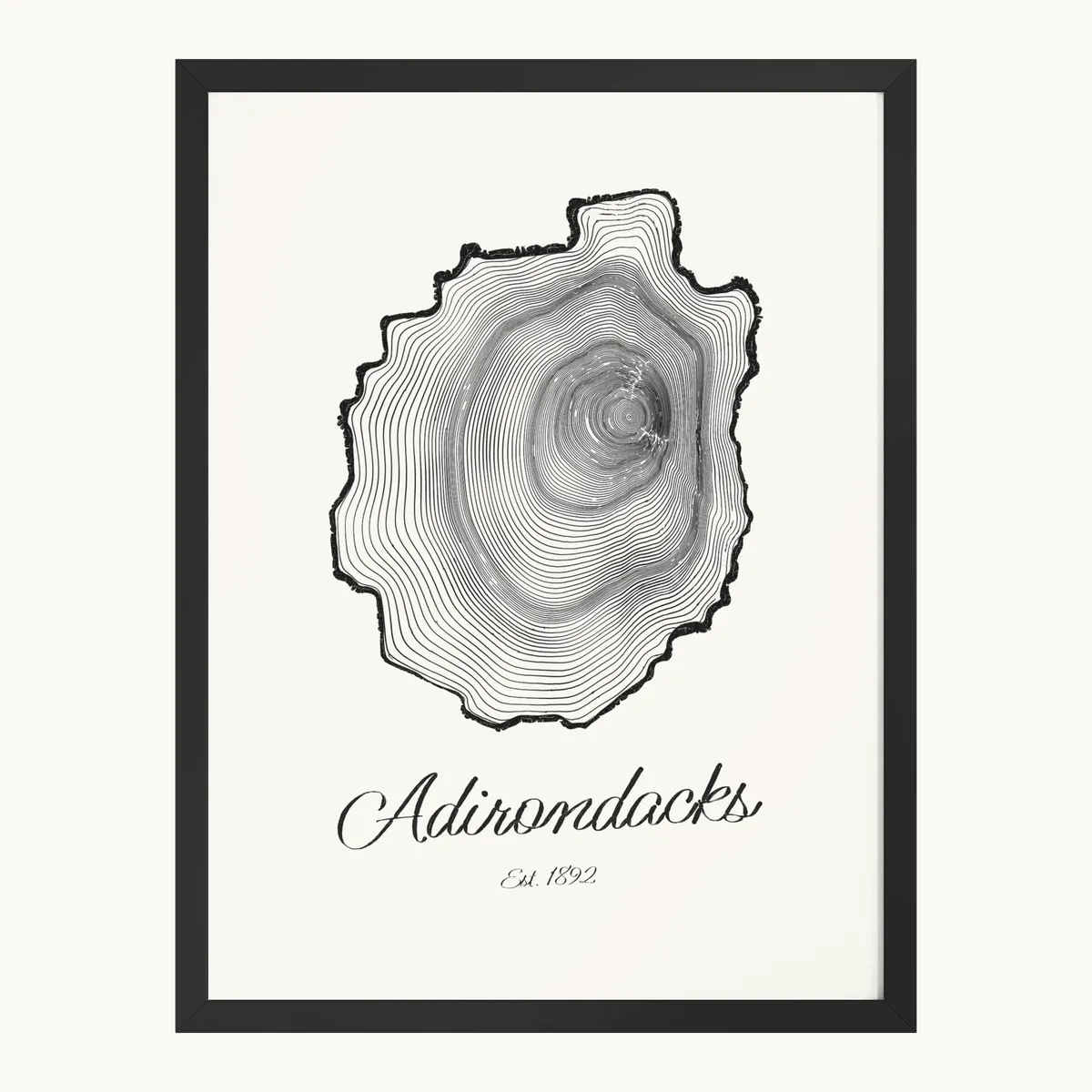 Adirondack Park Tree Ring Framed Print in Black: the Ring & Ridge tree rings in the shape of the Adirondack Park.
