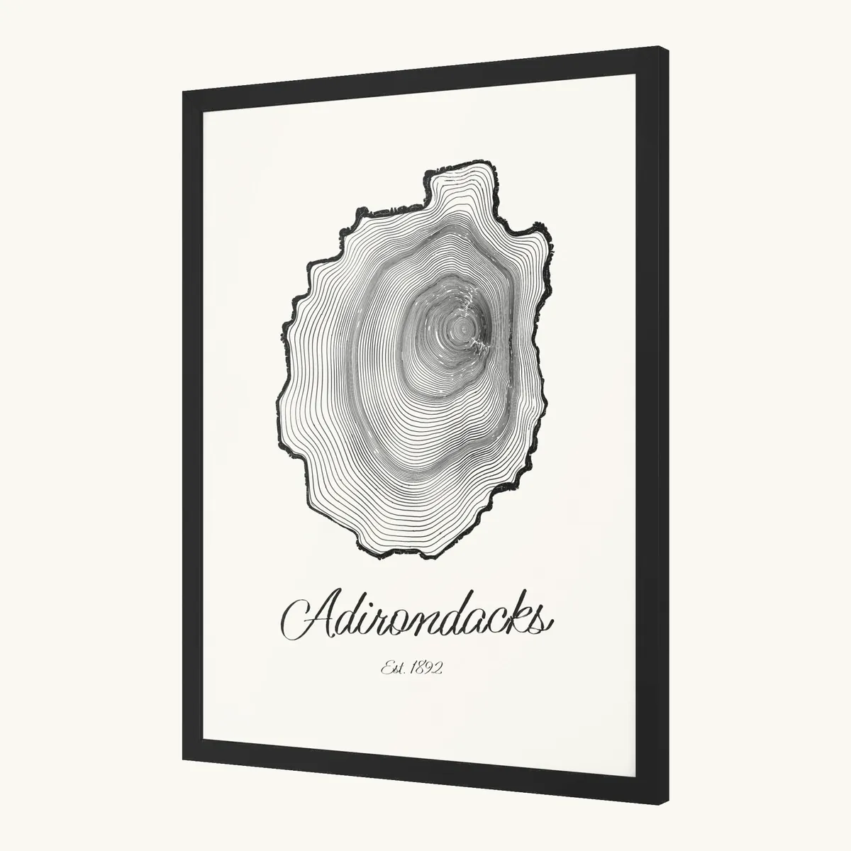 Adirondack Park Tree Ring Framed Print in Black: the Ring & Ridge tree rings in the shape of the Adirondack Park.