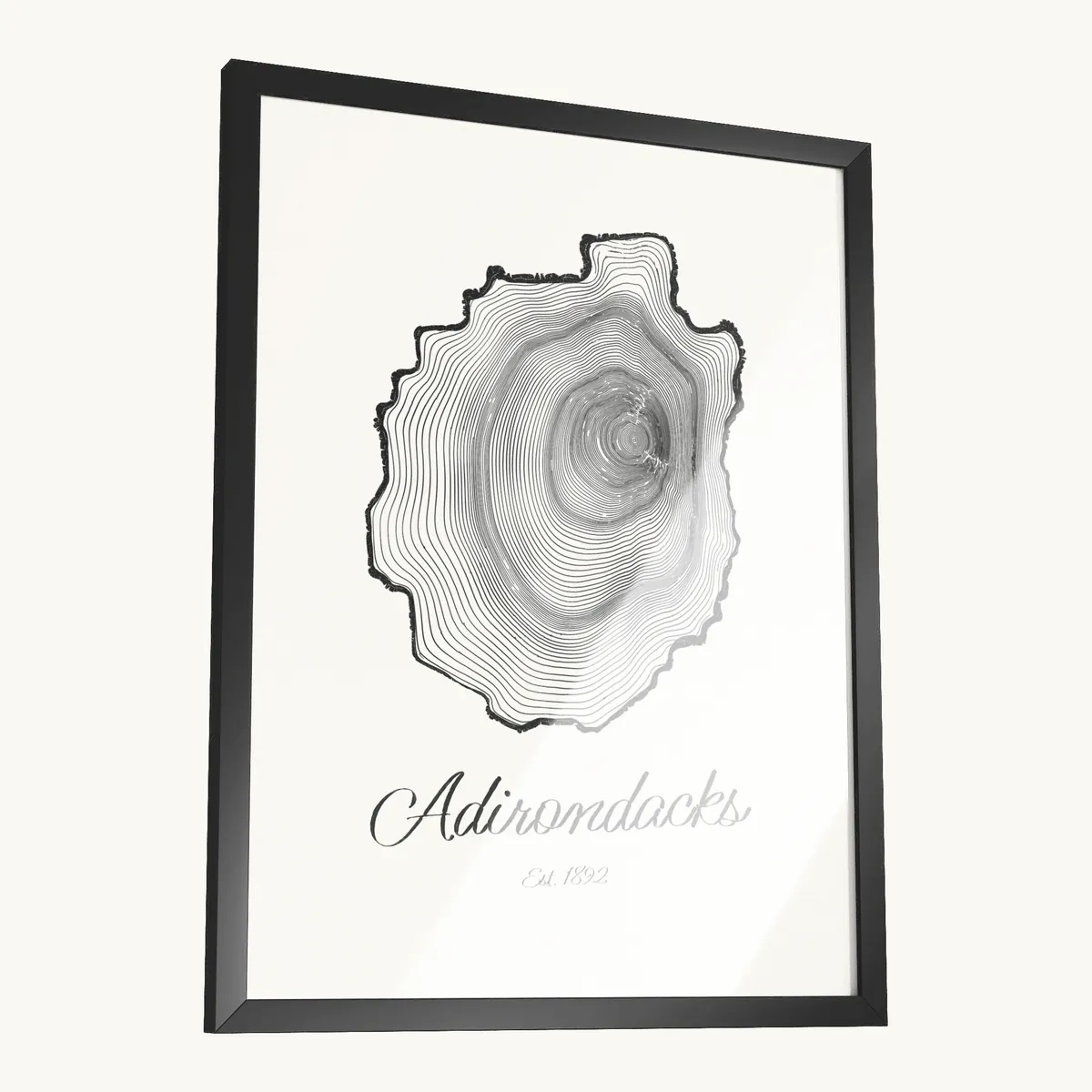 Adirondack Park Tree Ring Framed Print in Black: the Ring & Ridge tree rings in the shape of the Adirondack Park.