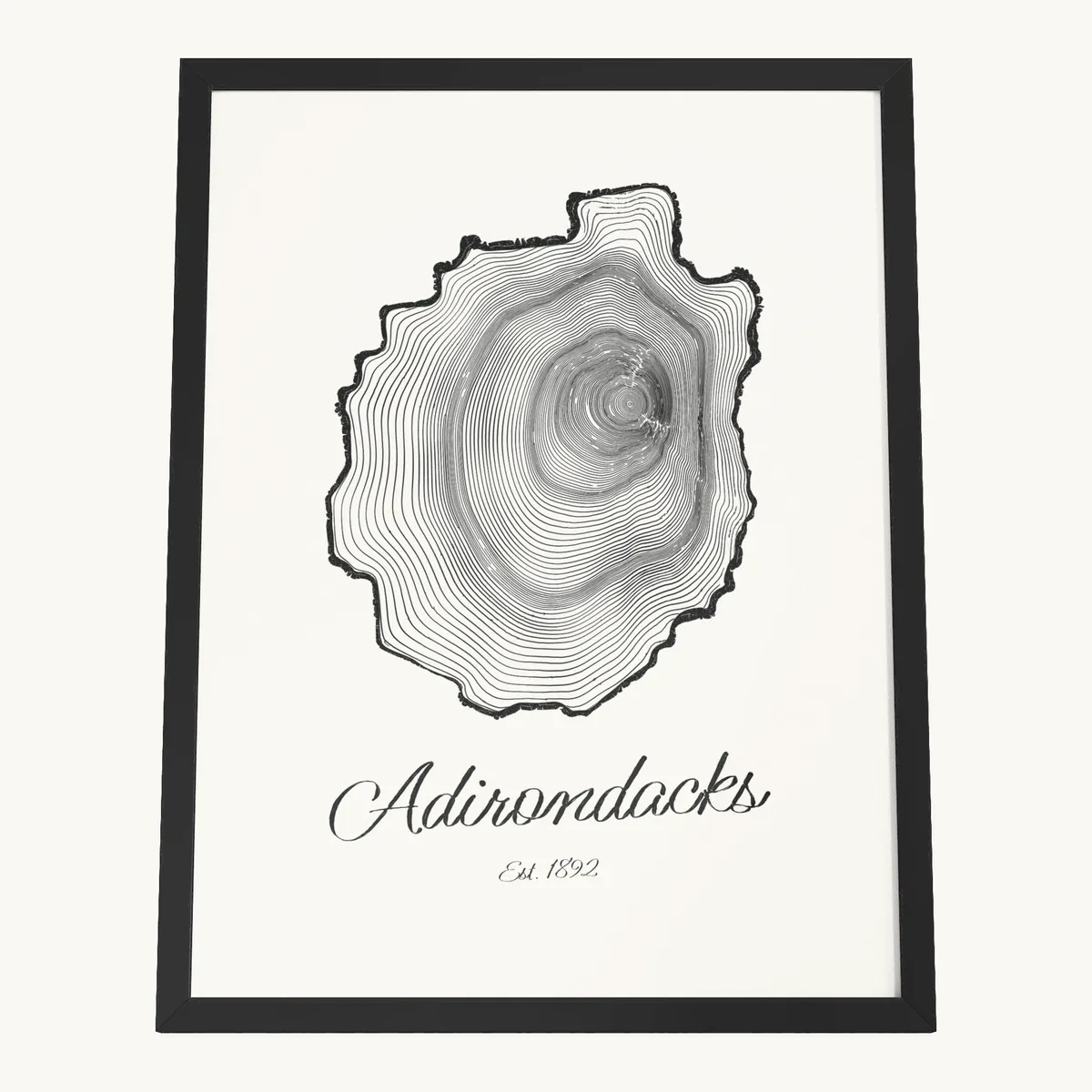 Adirondack Park Tree Ring Framed Print in Black: the Ring & Ridge tree rings in the shape of the Adirondack Park.