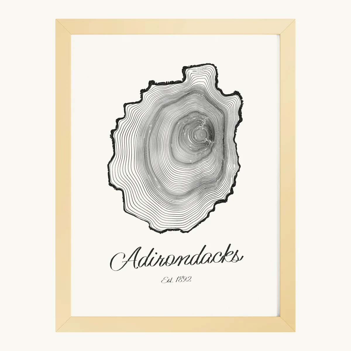 Adirondack Park Tree Ring Framed Print in Red Oak: the Ring & Ridge tree rings in the shape of the Adirondack Park.