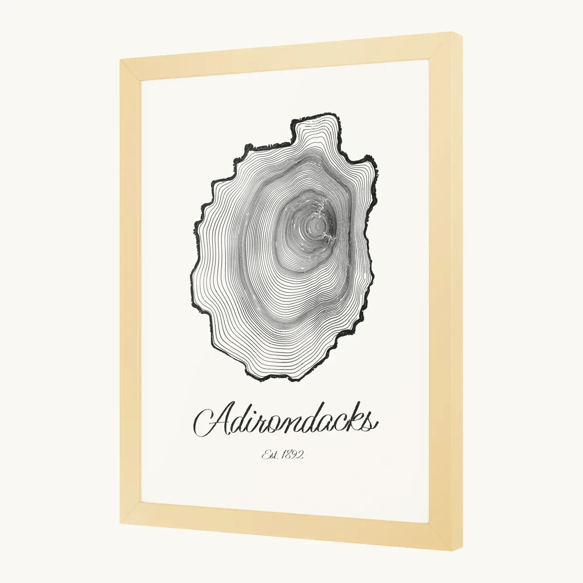 Adirondack Park Tree Ring Framed Print in Red Oak: the Ring & Ridge tree rings in the shape of the Adirondack Park.