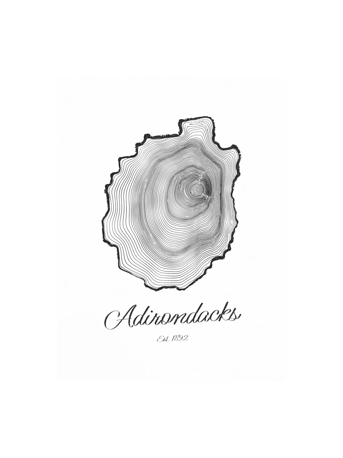 Adirondack Park Tree Ring as a poster: the rings of an Adirondack black spruce drawn in the shape of the Adirondack Park, with Adirondacks, Est. 1892 painted below.