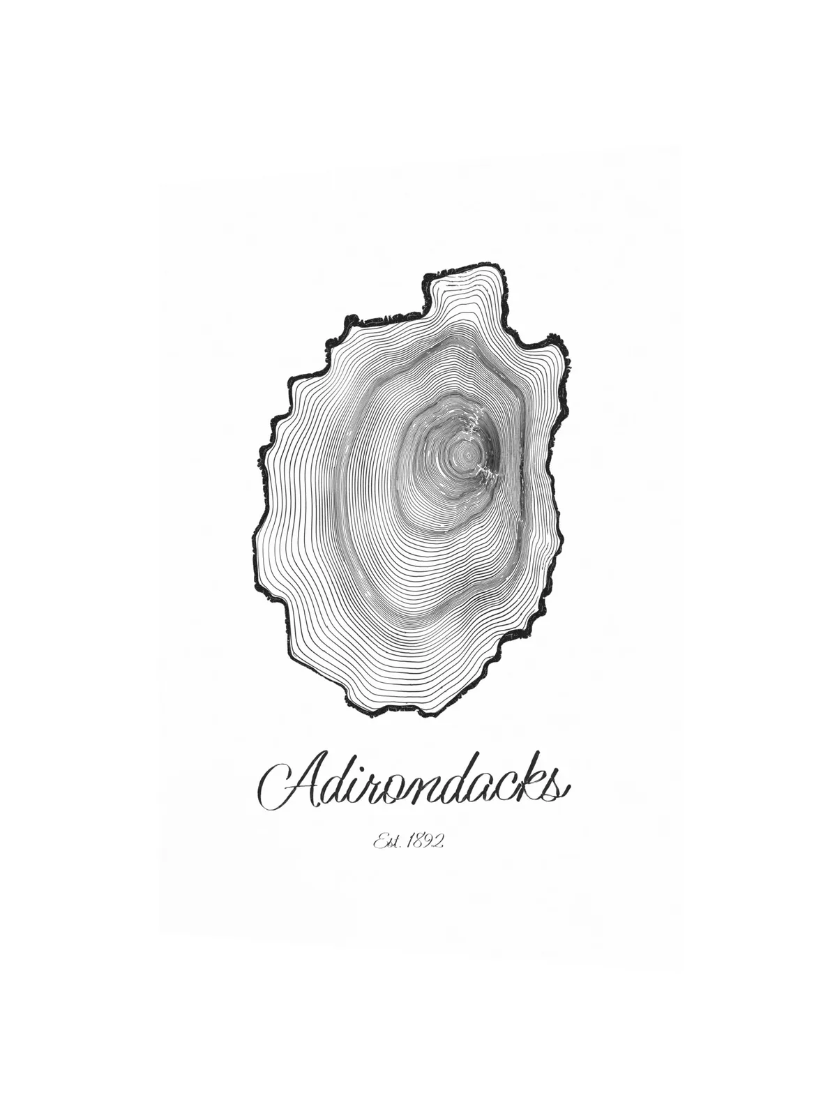 Adirondack Park Tree Ring as a poster: the rings of an Adirondack black spruce drawn in the shape of the Adirondack Park, with Adirondacks, Est. 1892 painted below.