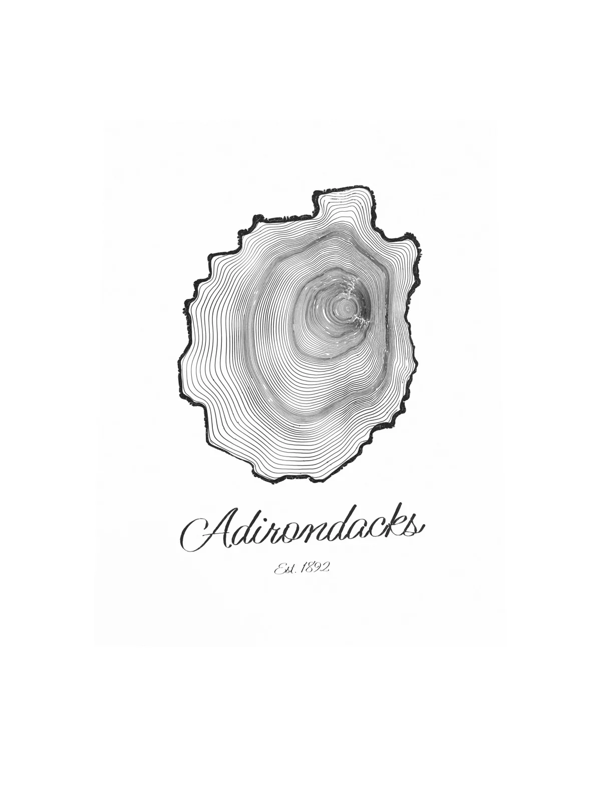 Adirondack Park Tree Ring as a poster: the rings of an Adirondack black spruce drawn in the shape of the Adirondack Park, with Adirondacks, Est. 1892 painted below.