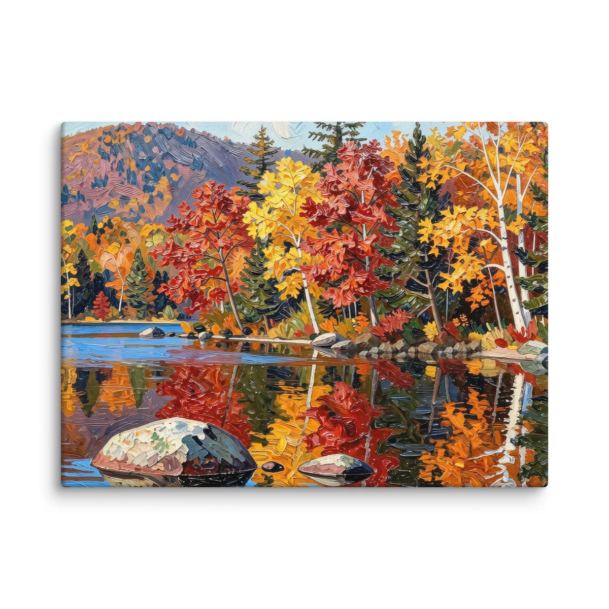 Autumn Shoreline as a 12 by 16 inch canvas: red, orange and yellow fall trees and white birches along a calm lake, mirrored in the water, in bold oil-painting brushstrokes.
