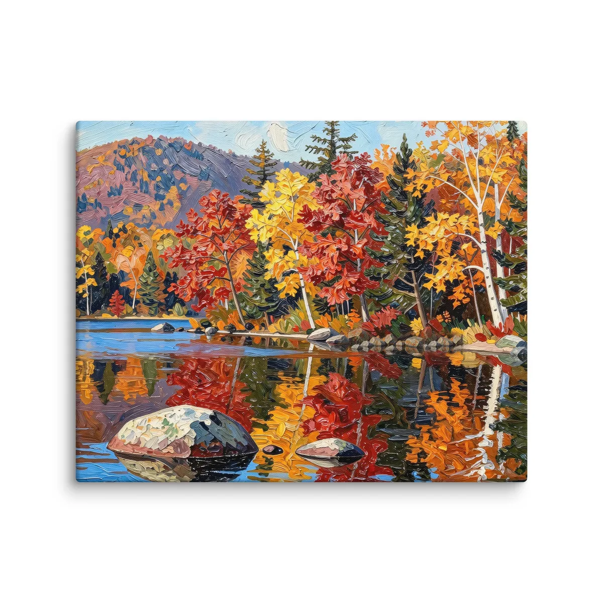 Autumn Shoreline as a 16 by 20 inch canvas: red, orange and yellow fall trees and white birches along a calm lake, mirrored in the water, in bold oil-painting brushstrokes.
