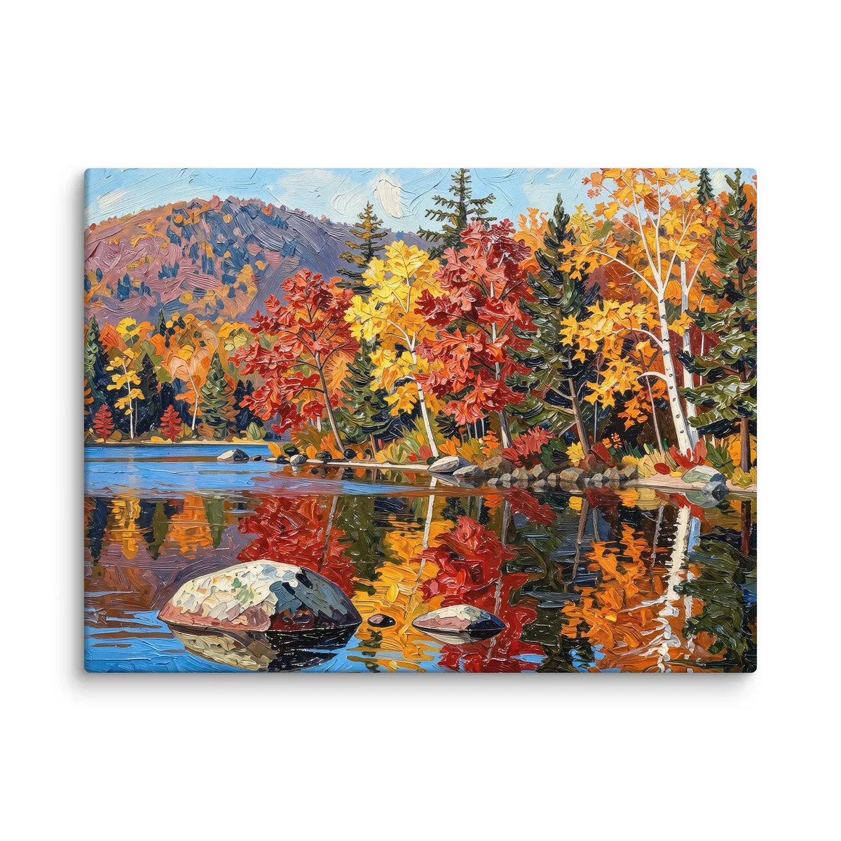 Autumn Shoreline as an 18 by 24 inch canvas: red, orange and yellow fall trees and white birches along a calm lake, mirrored in the water, in bold oil-painting brushstrokes.
