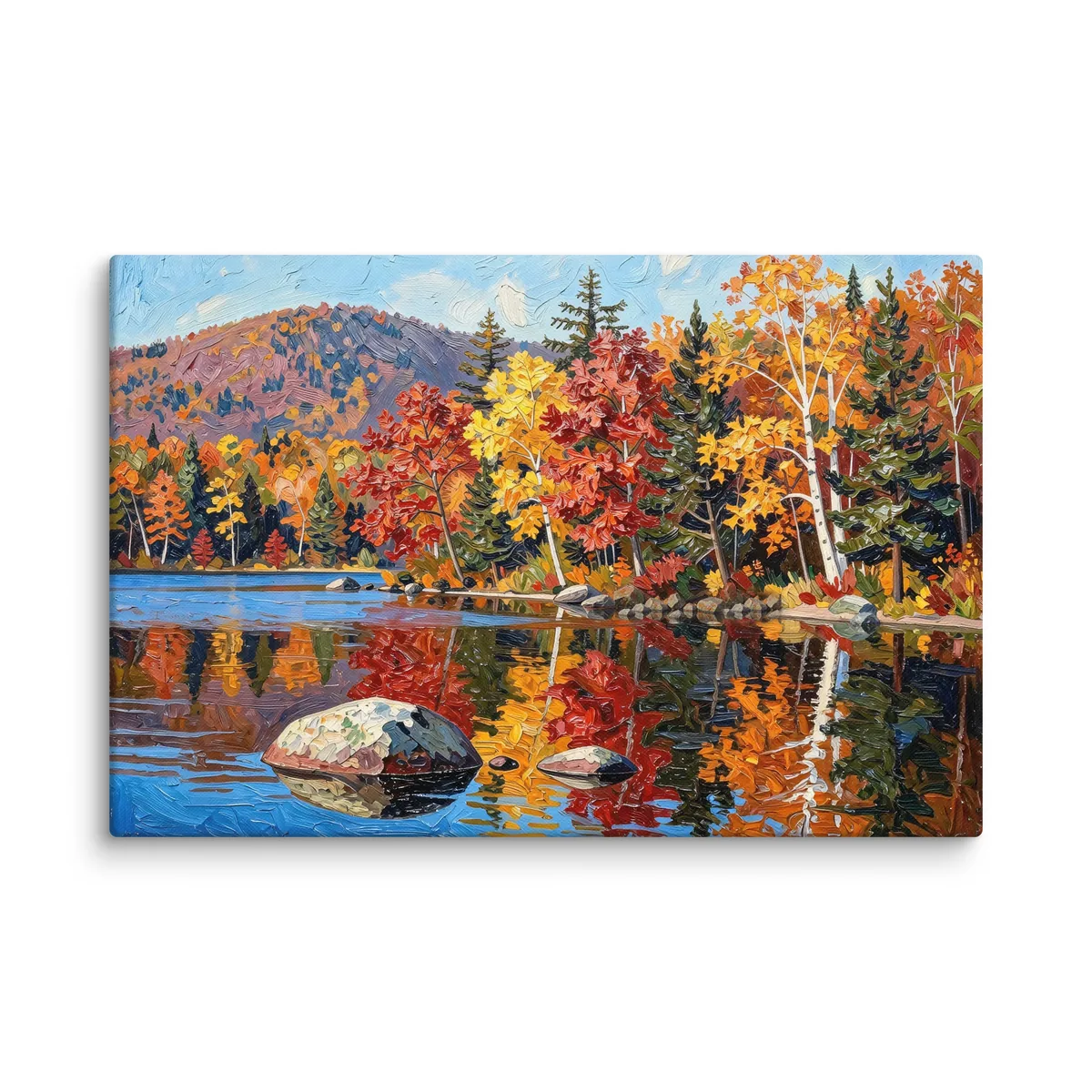 Autumn Shoreline as a 24 by 36 inch canvas: red, orange and yellow fall trees and white birches along a calm lake, mirrored in the water, in bold oil-painting brushstrokes.