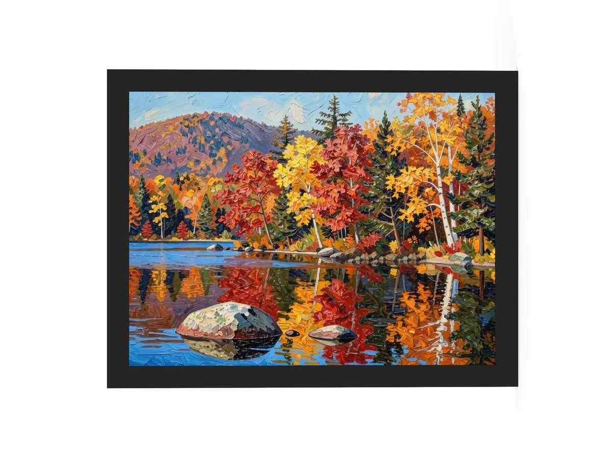 Autumn Shoreline as a 12 by 16 inch framed print in a black frame: red, orange and yellow fall trees and white birches along a calm lake, mirrored in the water, in bold oil-painting brushstrokes.
