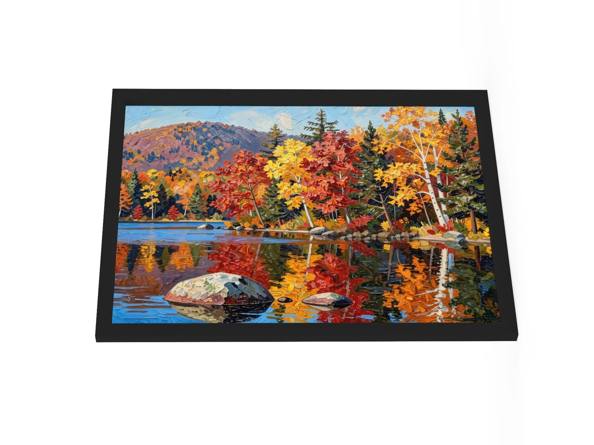 Autumn Shoreline as an 18 by 24 inch framed print in a black frame: red, orange and yellow fall trees and white birches along a calm lake, mirrored in the water, in bold oil-painting brushstrokes.