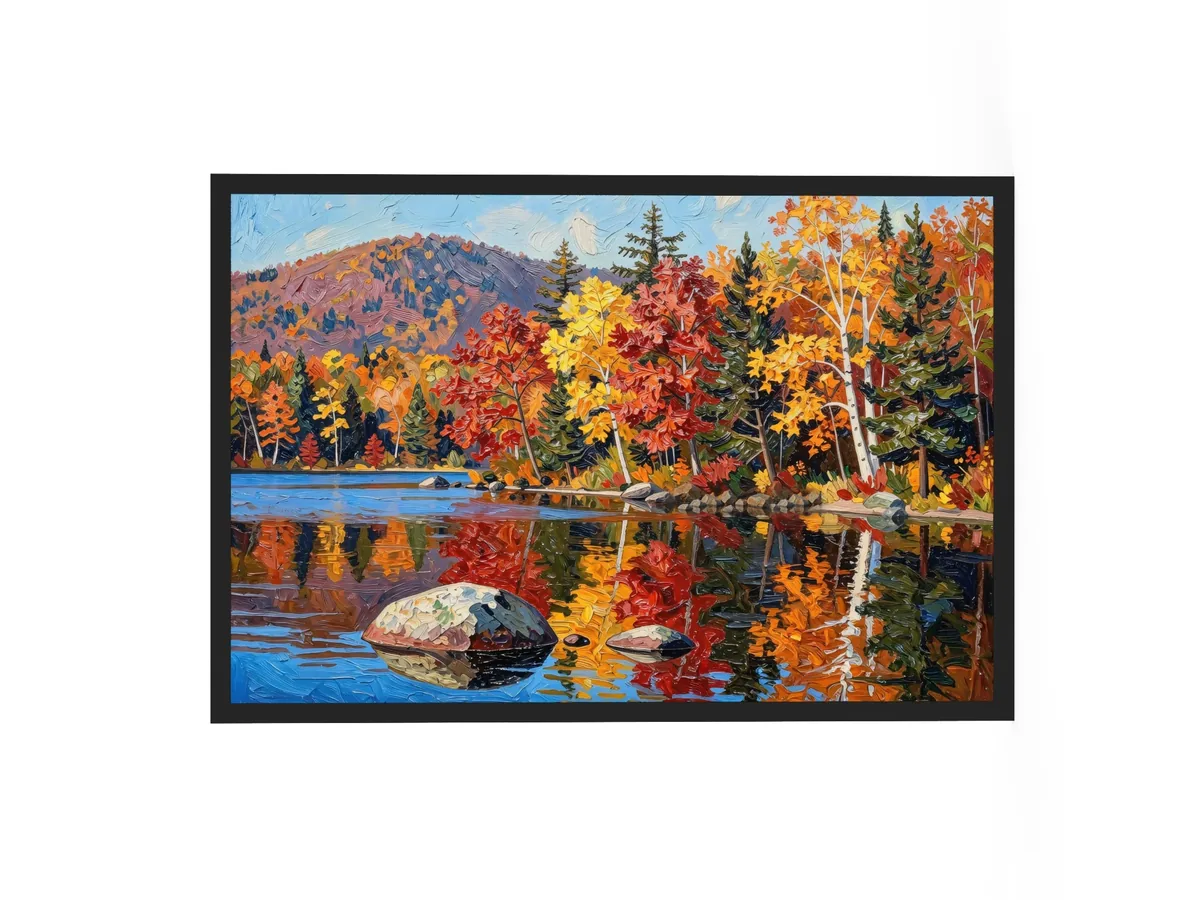 Autumn Shoreline as a 24 by 36 inch framed print in a black frame: red, orange and yellow fall trees and white birches along a calm lake, mirrored in the water, in bold oil-painting brushstrokes.