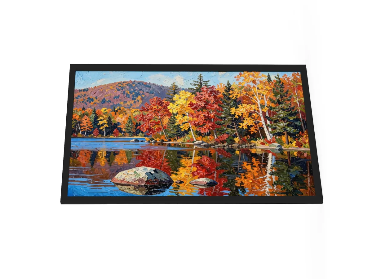 Autumn Shoreline as a 24 by 36 inch framed print in a black frame: red, orange and yellow fall trees and white birches along a calm lake, mirrored in the water, in bold oil-painting brushstrokes.