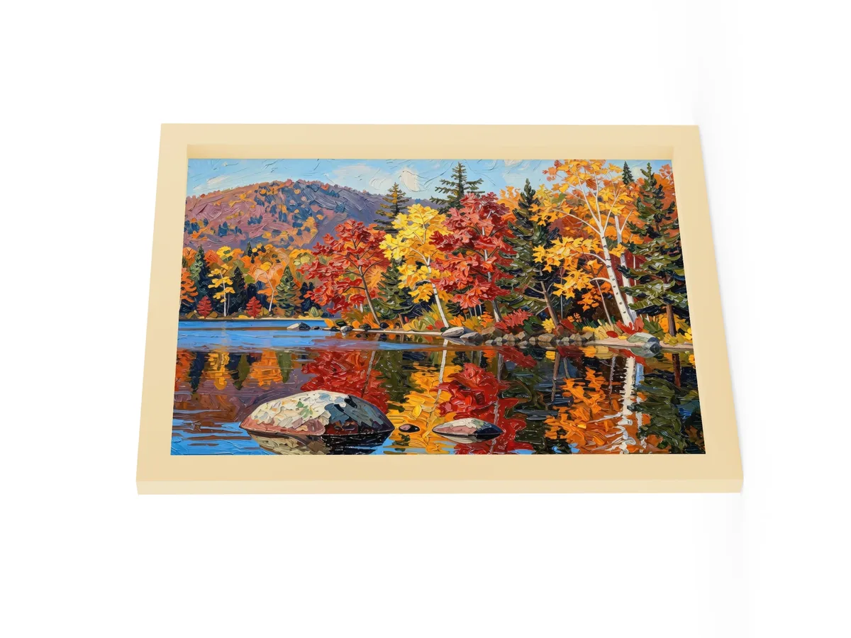 Autumn Shoreline as a 12 by 16 inch framed print in a natural wood frame: red, orange and yellow fall trees and white birches along a calm lake, mirrored in the water, in bold oil-painting brushstrokes.