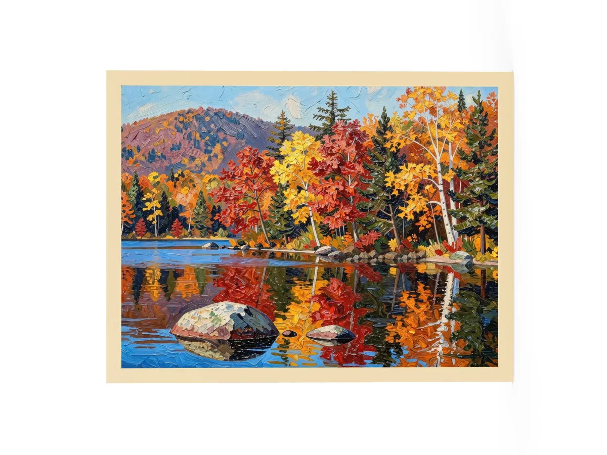 Autumn Shoreline as an 18 by 24 inch framed print in a natural wood frame: red, orange and yellow fall trees and white birches along a calm lake, mirrored in the water, in bold oil-painting brushstrokes.