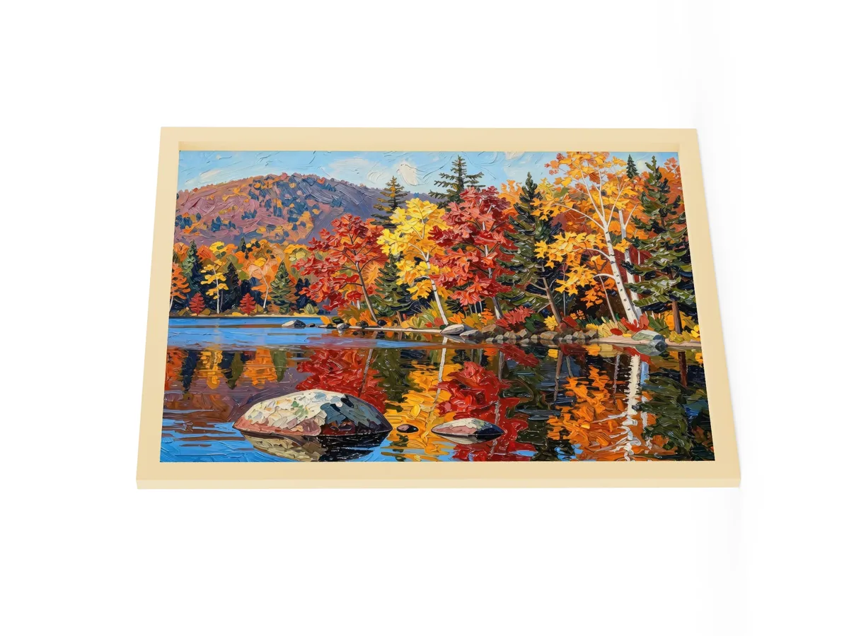 Autumn Shoreline as an 18 by 24 inch framed print in a natural wood frame: red, orange and yellow fall trees and white birches along a calm lake, mirrored in the water, in bold oil-painting brushstrokes.